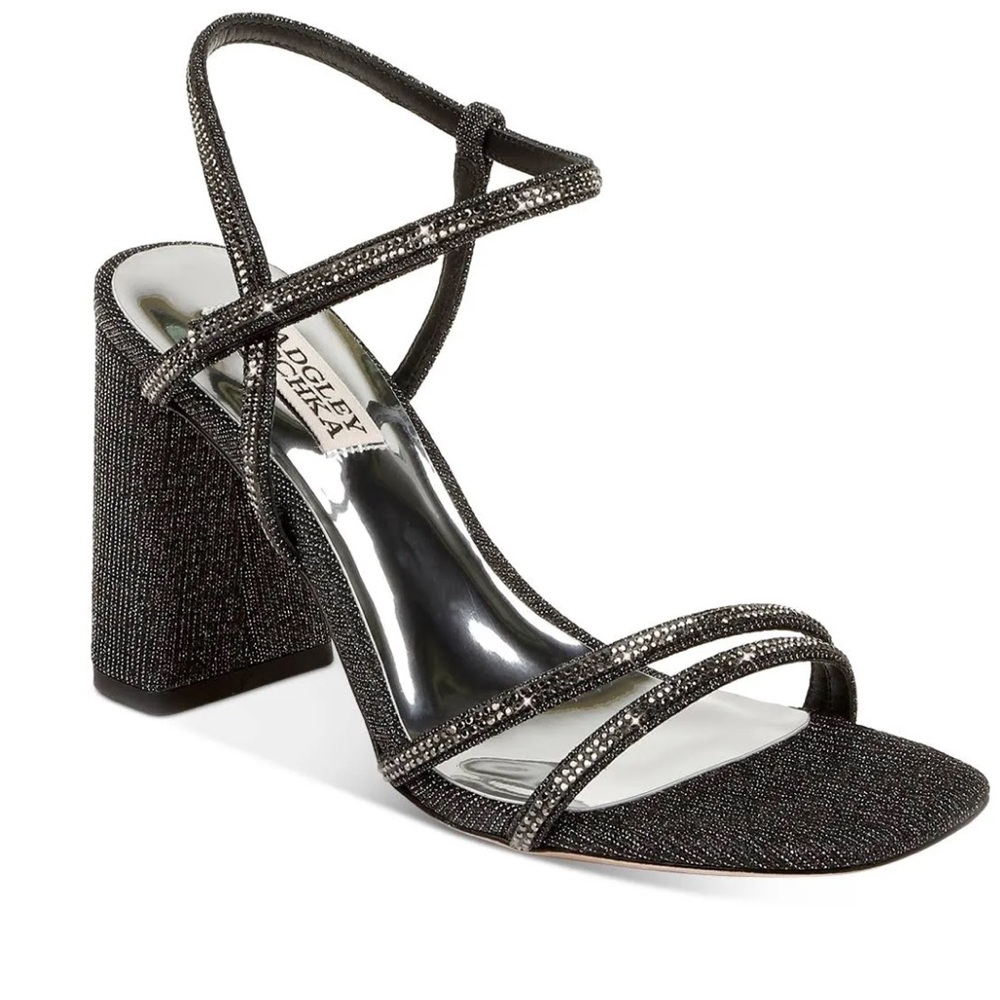Badgley Mischka Black Metallic Block Heel Ankle Strap Sz 11